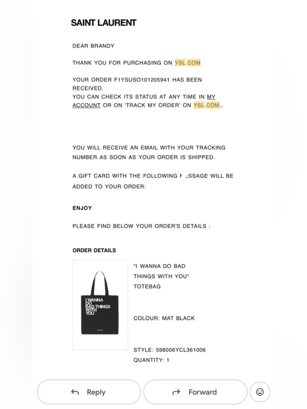 Saint Laurent Rive Droite "I Wanna Do Bad Things With You" tote bag black YSL - Picture 5 of 5